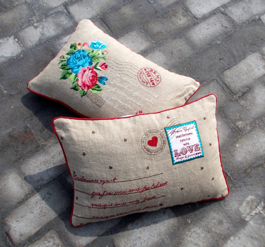 Vintage Postcard Style Valentine Linen Pillow Cover Red Turquoise