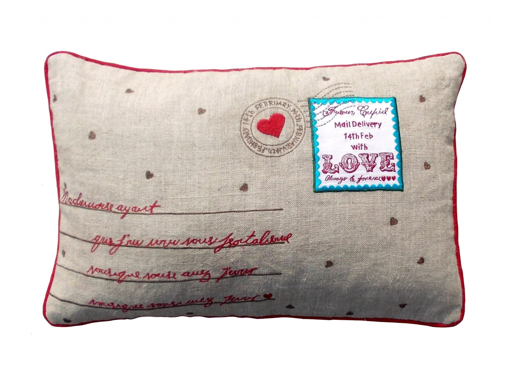 Vintage Postcard Style Valentine Linen Pillow Cover Red Turquoise