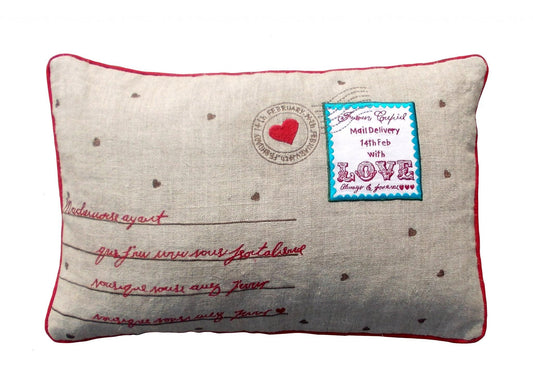 Vintage Postcard Style Valentine Linen Pillow Cover Red Turquoise