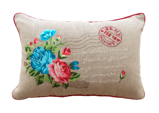 Vintage Postcard Style Linen Valentine Pillow Cover with Rose Embroidery