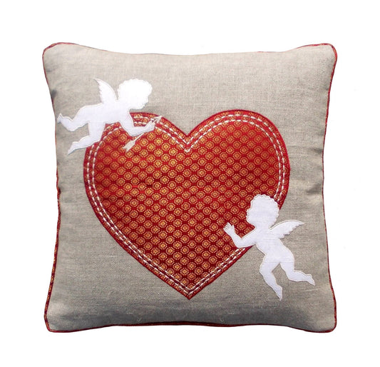 Romantic Heart & Cupid Linen Pillow Cover – Red Brocade Accent