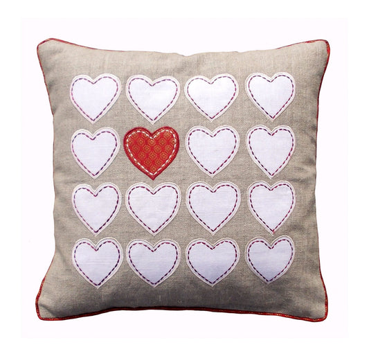 Valentine Hearts Linen Pillow Cover with Red Brocade – 3 Sizes