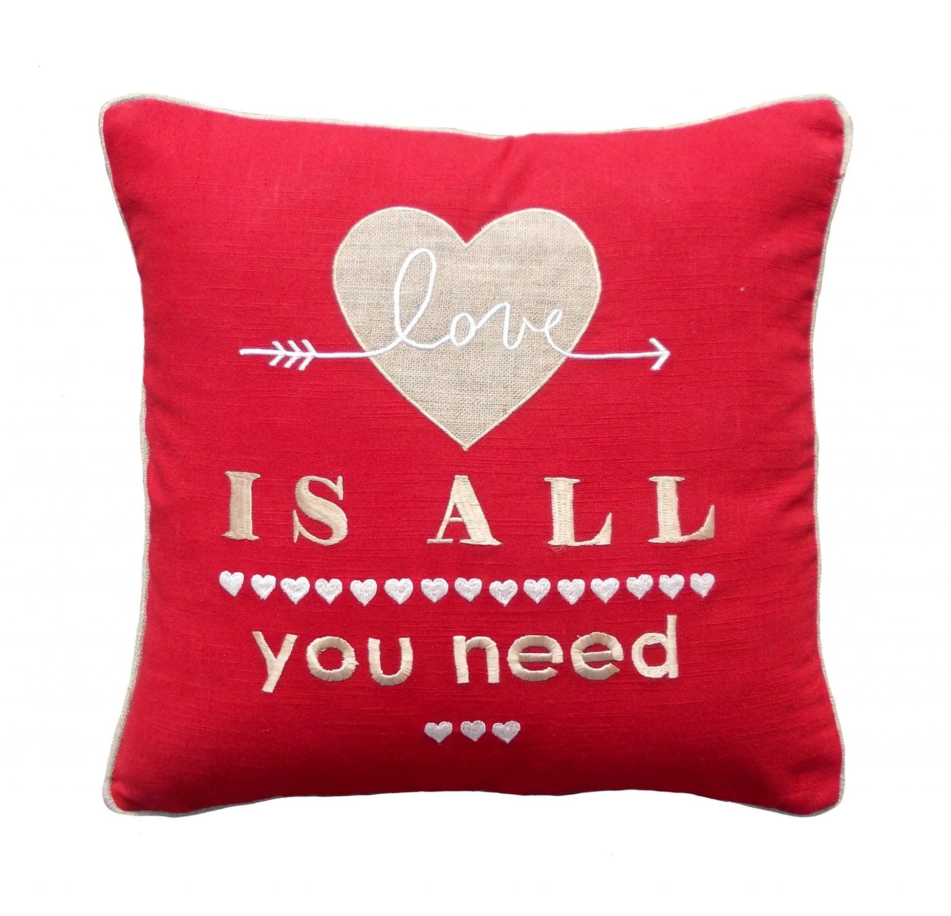 Romantic Red and Linen Heart Motif Valentine Pillow Cover