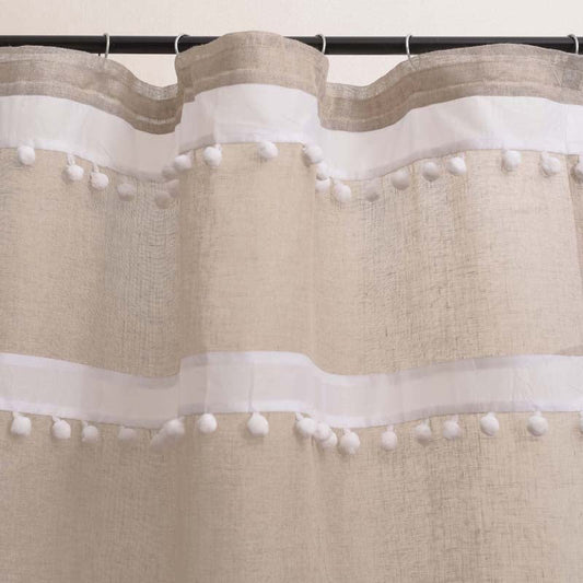 Natural White Sheer Linen Curtain Panel with Striped Pompom Lace