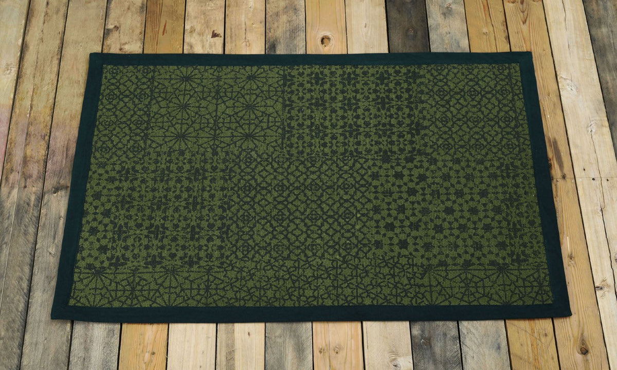Green Geometric Trellis Cotton Rug | Distressed Print | Handmade in India