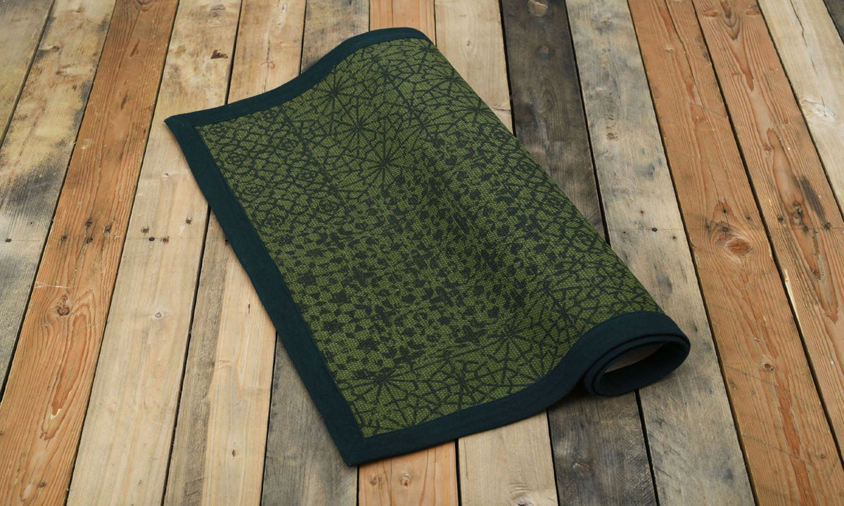 Green Geometric Trellis Cotton Rug | Distressed Print | Handmade in India