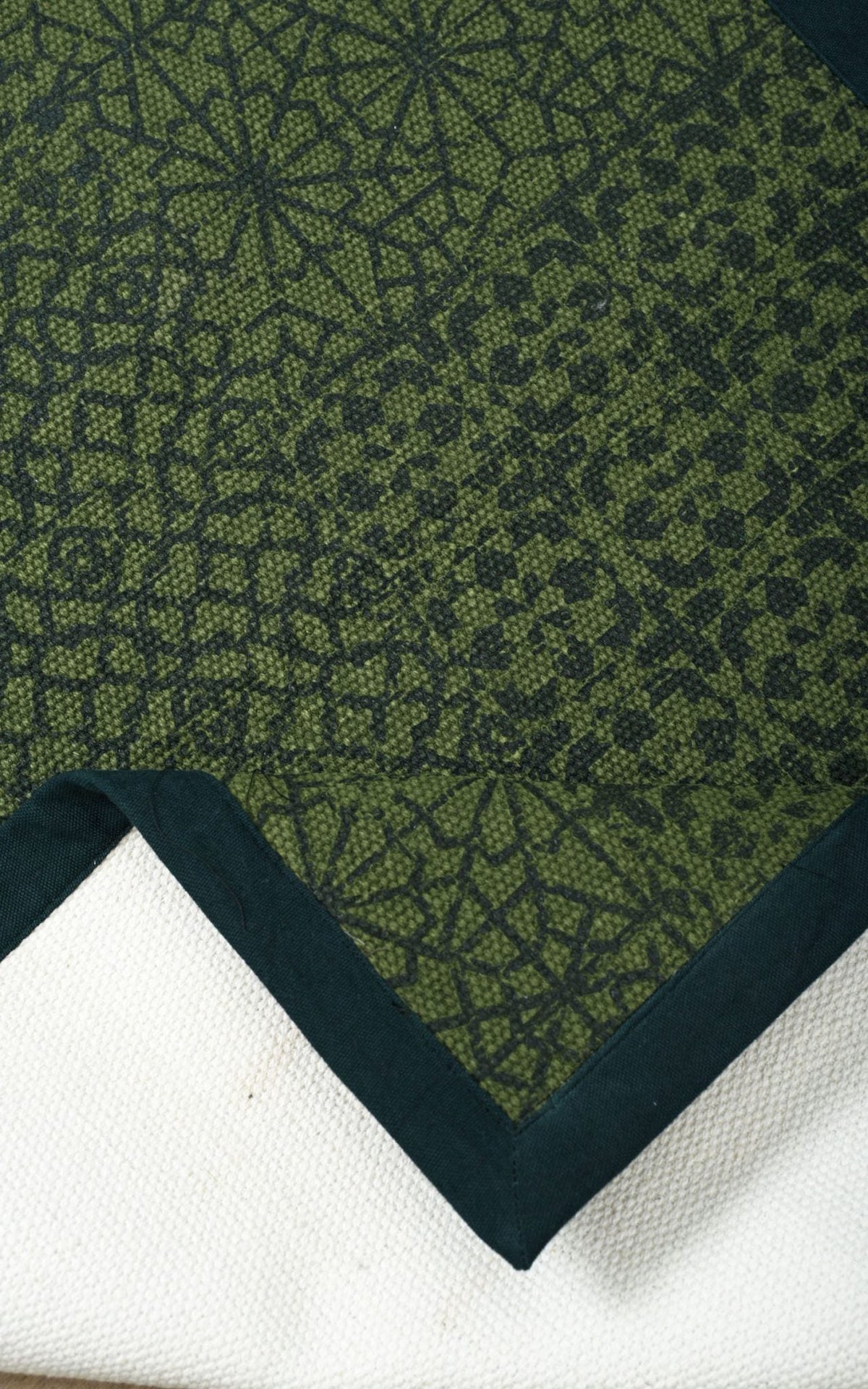 Green Geometric Trellis Cotton Rug | Distressed Print | Handmade in India