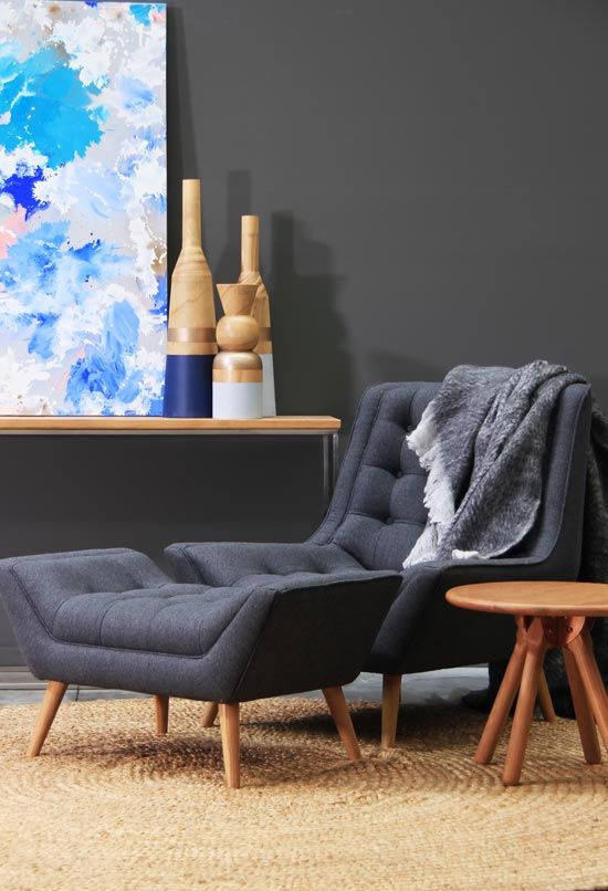 Modern Annecy Grey Wool Upholstered Lounge Chair and Ottoman Set with Wooden Legs