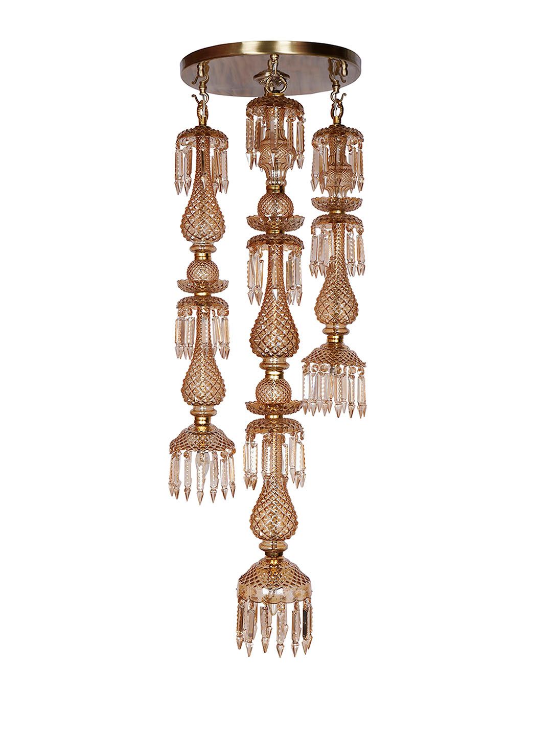 Elegant Golden Luster Glass 3-Light Cascading Crystal Multi-Pendant Chandelier