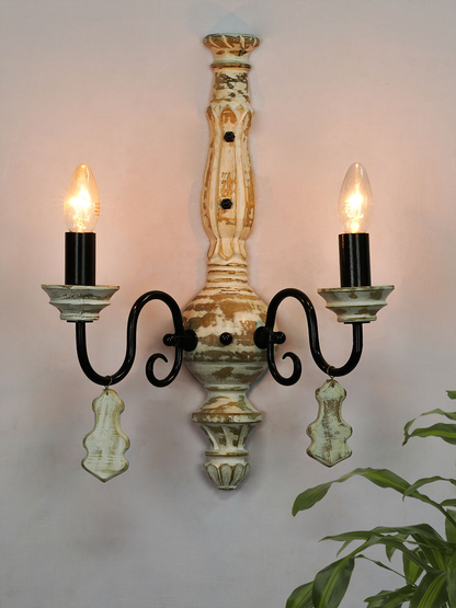 Chic French White Distressed Wooden 2-Light Rustic Candelabra Wall Sconce