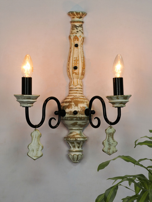 Chic French White Distressed Wooden 2-Light Rustic Candelabra Wall Sconce