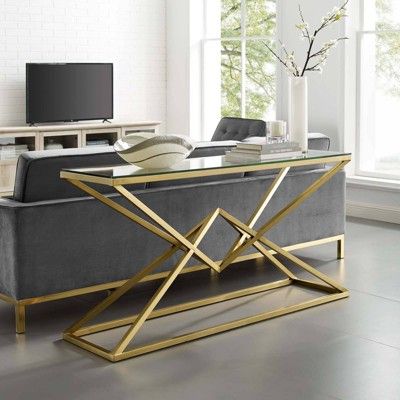 Empire 1970s Geometric Console Table with Clear Glass & Metal Base