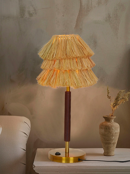 Handcrafted Bohemian Table Lamp with Munja Hay Shade, Wooden Base, E27 Holder