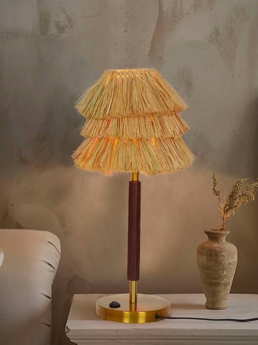 Handcrafted Bohemian Table Lamp with Munja Hay Shade, Wooden Base, E27 Holder