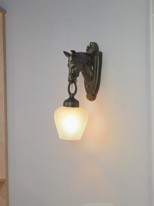 Regal Stallion Medieval Brown Cast Aluminium Wall Light with Frosted Goblet Shade