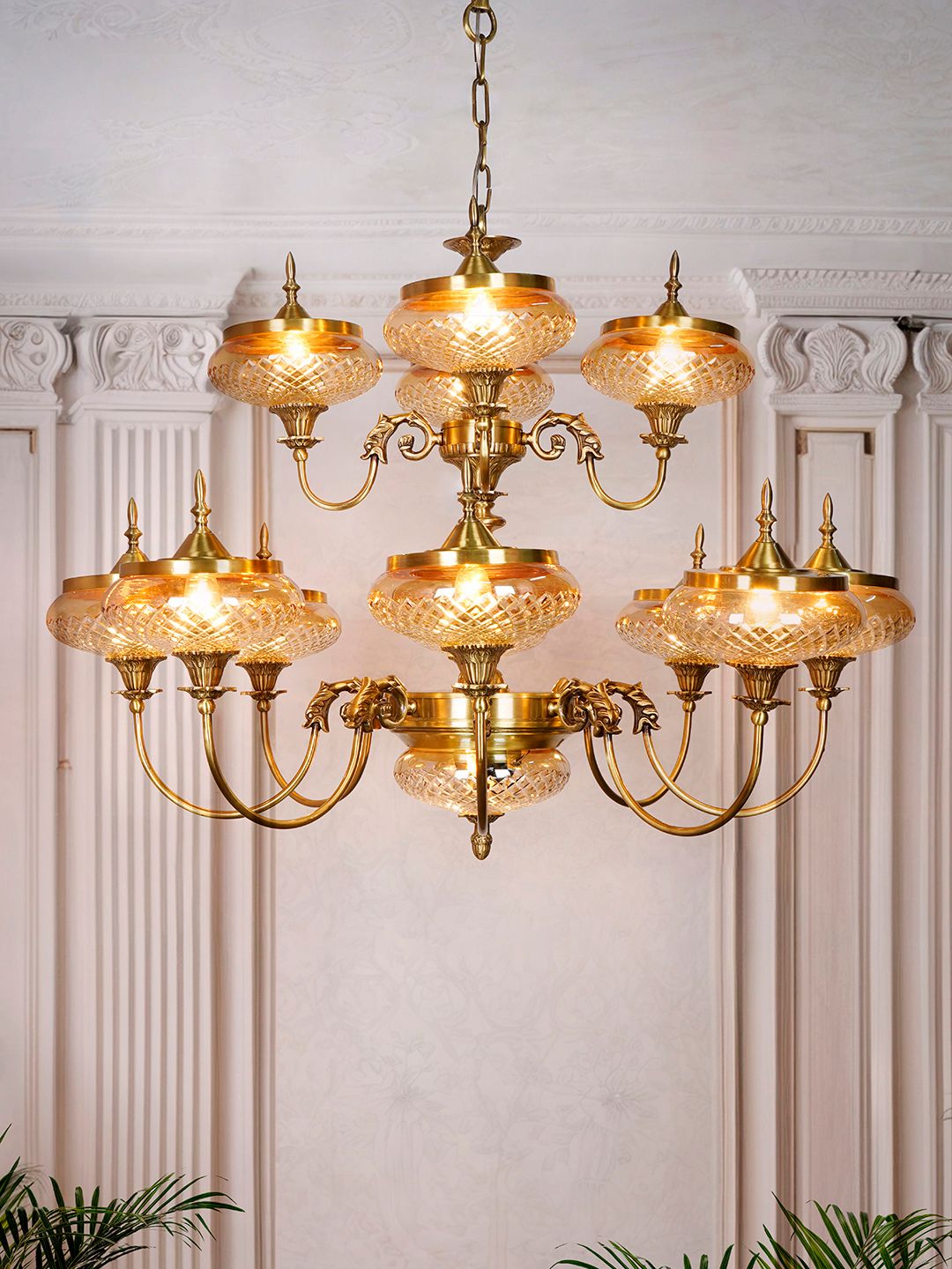 Exquisite Regal Brass 13-Light Chandelier with Golden Luster Cut Glass Shades