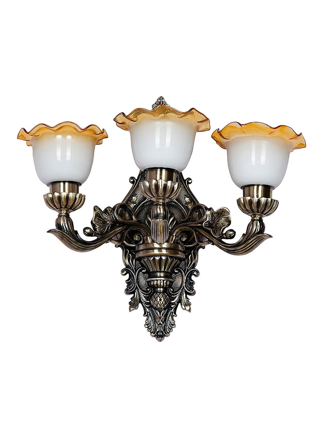 Opulent Antique 3-Light Wall Sconce: Milky White Amber Frilled Glass Shades