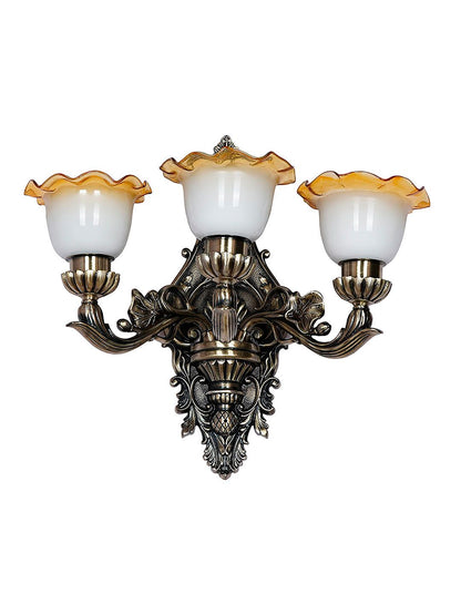 Opulent Antique 3-Light Wall Sconce: Milky White Amber Frilled Glass Shades
