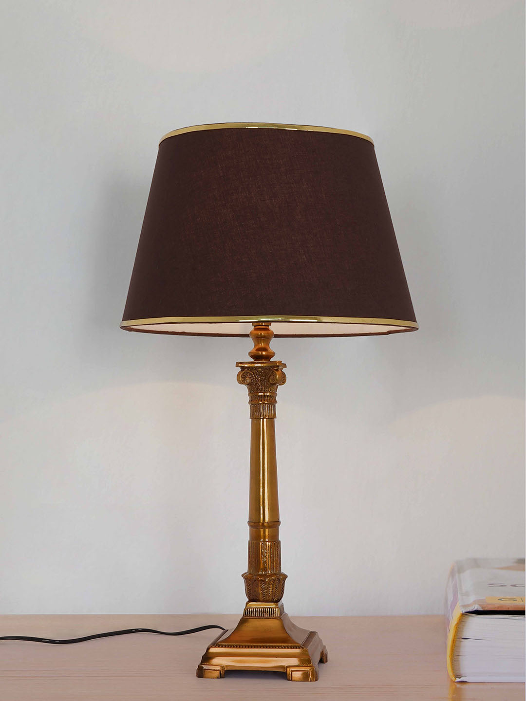 Antique Gold Finish Roman Corinthian 26 Inch Single Aluminium Column Table Lamp Light With 14 Inch Brown Gold Rim Tapered Fabric Shade