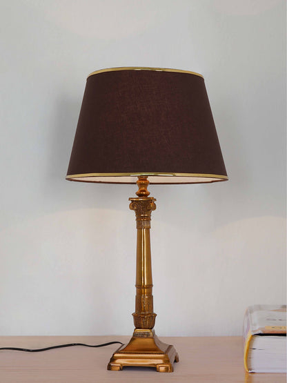 Antique Gold Finish Roman Corinthian 26 Inch Single Aluminium Column Table Lamp Light With 14 Inch Brown Gold Rim Tapered Fabric Shade