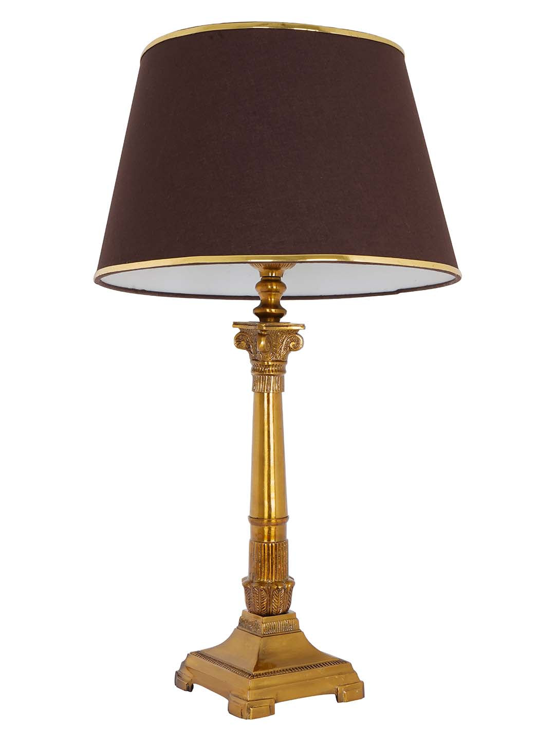 Antique Gold Finish Roman Corinthian 26 Inch Single Aluminium Column Table Lamp Light With 14 Inch Brown Gold Rim Tapered Fabric Shade