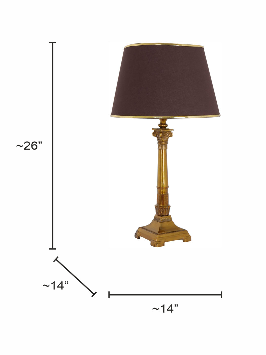Antique Gold Finish Roman Corinthian 26 Inch Single Aluminium Column Table Lamp Light With 14 Inch Brown Gold Rim Tapered Fabric Shade