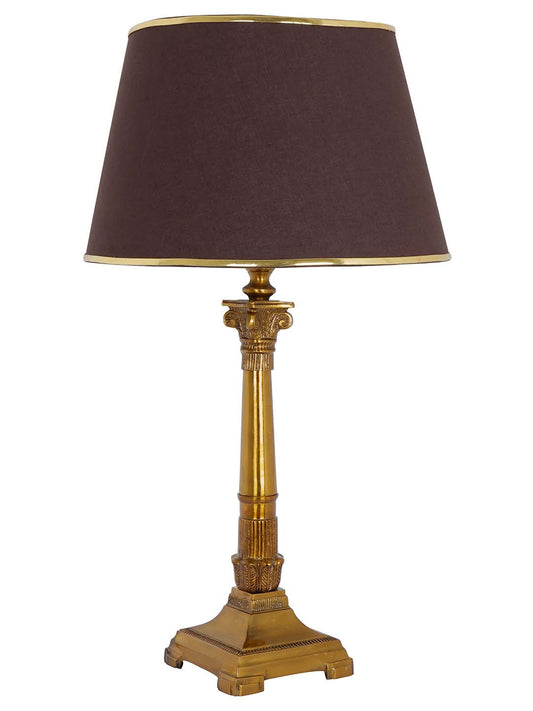Antique Gold Finish Roman Corinthian 26 Inch Single Aluminium Column Table Lamp Light With 14 Inch Brown Gold Rim Tapered Fabric Shade