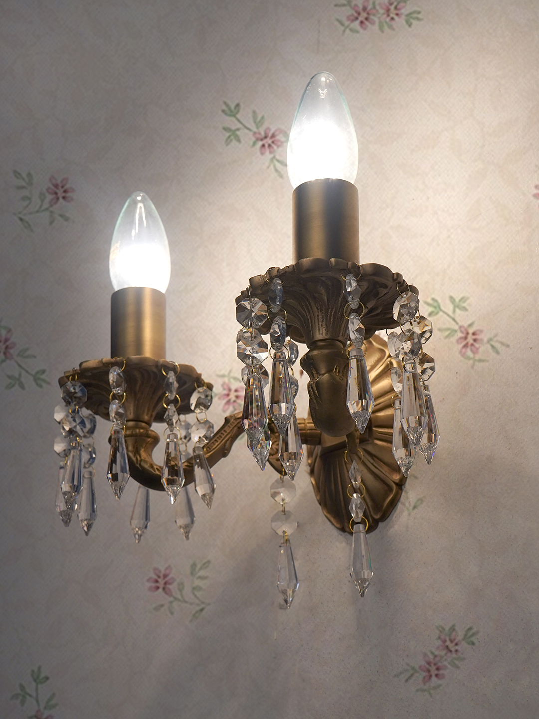 Elegant Double Brass Crystal Wall Sconce, Matt Finish, Classic Design Lighting