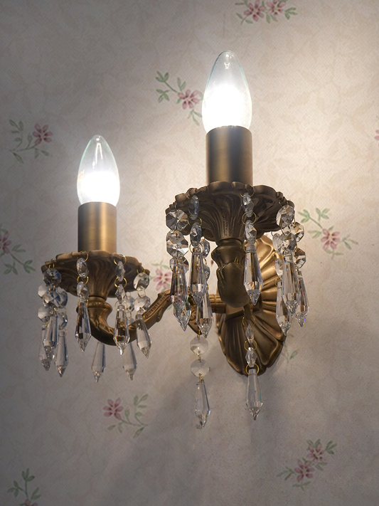 Elegant Double Brass Crystal Wall Sconce, Matt Finish, Classic Design Lighting