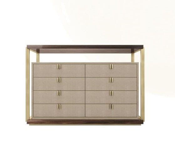 Luxurious 8-Drawer Wooden Chest, Polished Steel Handles, Faux Leather Accents