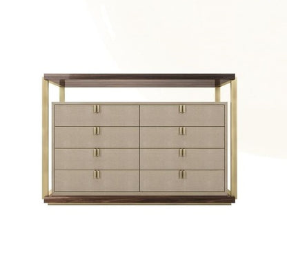 Luxurious 8-Drawer Wooden Chest, Polished Steel Handles, Faux Leather Accents