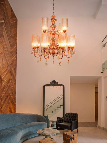 Grand Polished Copper Chandelier: Fluted Luster Glass, Honey Crystals