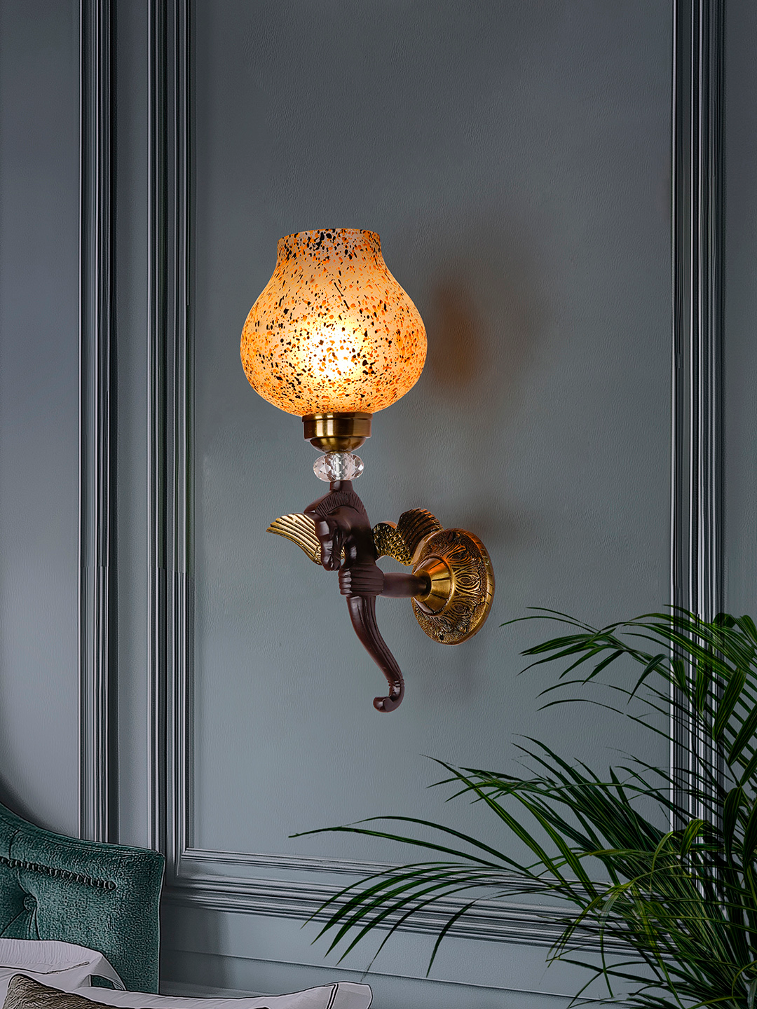 Elegant Vintage Pegasus Horse Head Pendant Chandelier with Yellow Speckled Glass