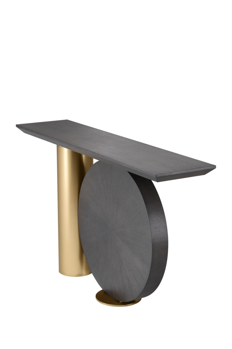 Elegant Postmodern Spring Console Table with Mocha Oak & Brass Finish