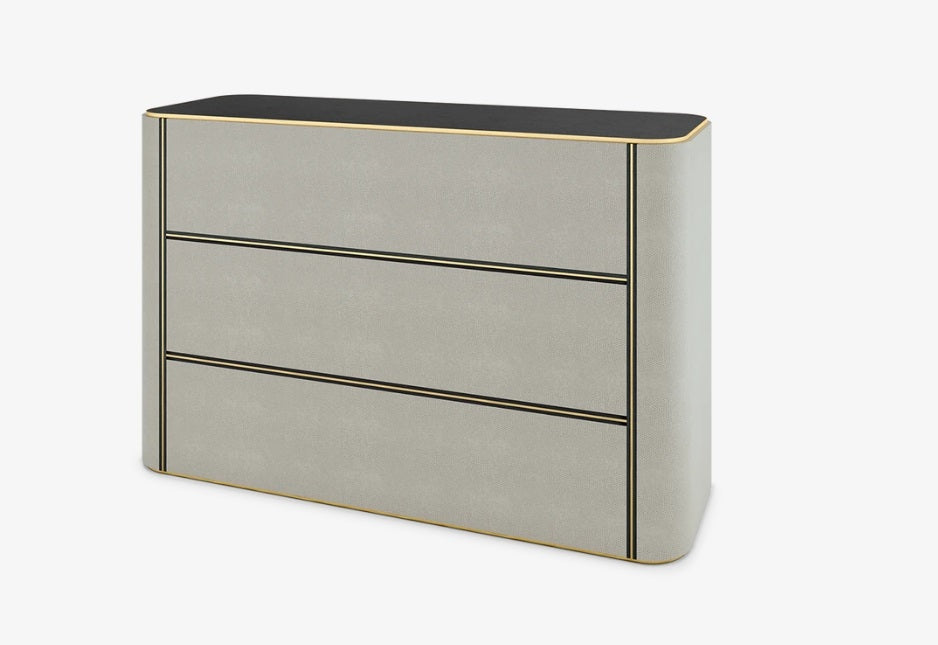 Modern Japan Faux Leather 3-Drawer Chest: Brass Accents, Curved Design Storage