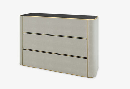 Modern Japan Faux Leather 3-Drawer Chest: Brass Accents, Curved Design Storage