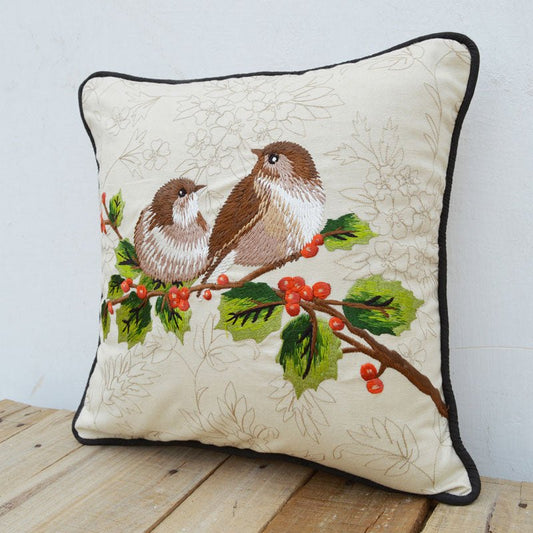 Embroidered Love Birds Cotton Pillow Cover – Off-White Decorative Throw