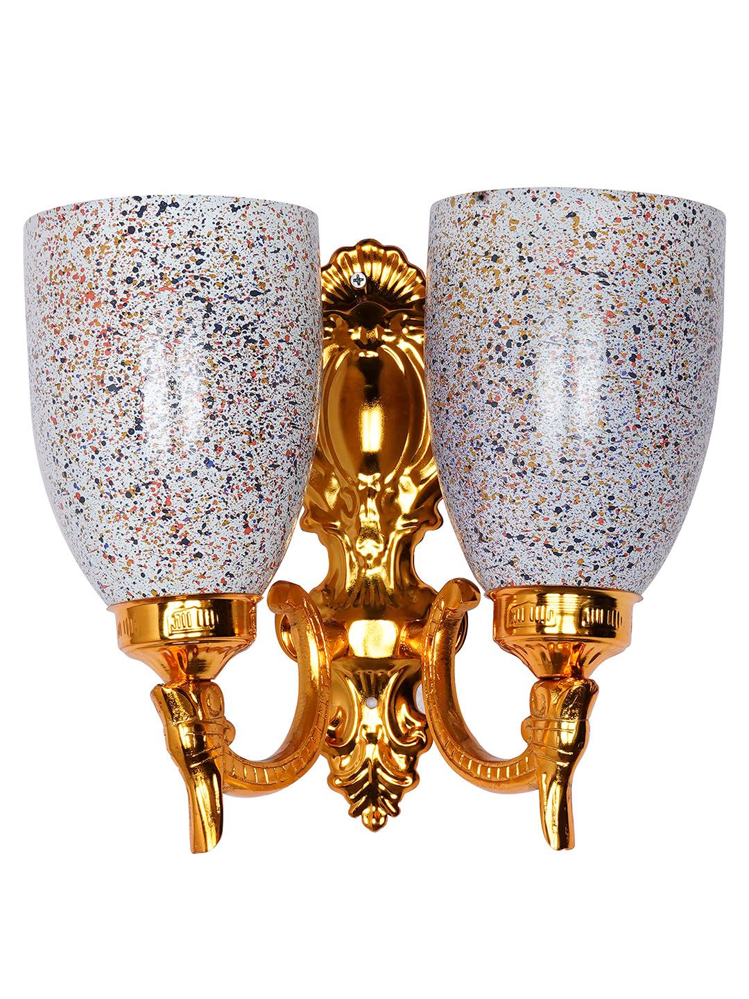 Opulent Gold Double Wall Sconce with Multicolor Speckled Glass Shades
