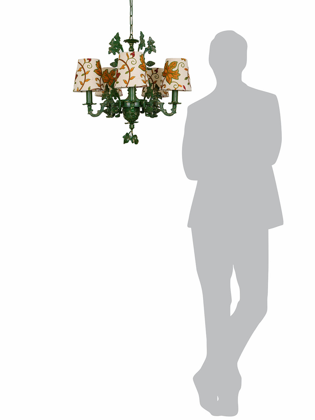 Elegant 5-Light Candelabra Chandelier: Hand-Embroidered Kashida Velvet Shades, Green Finish