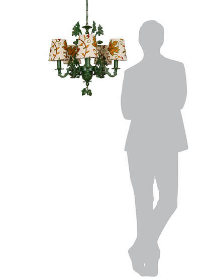 Elegant 5-Light Candelabra Chandelier: Hand-Embroidered Kashida Velvet Shades, Green Finish