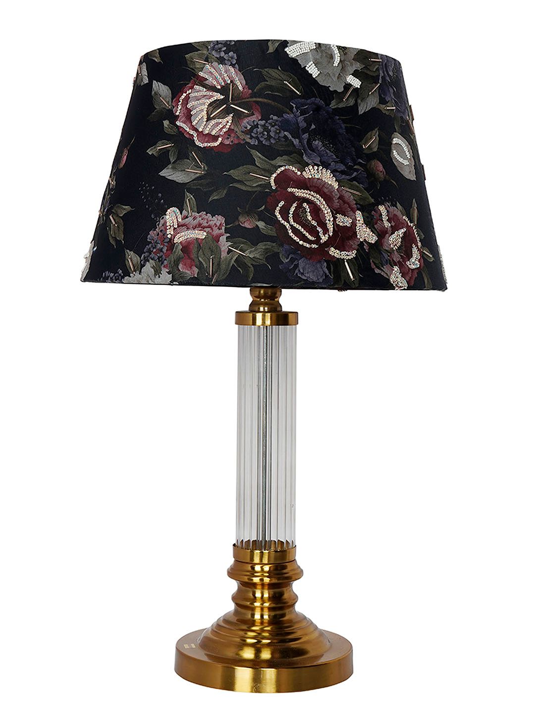 Elegant Black Embroidered Fluted Glass Table Lamp with Sequin Fabric Shade