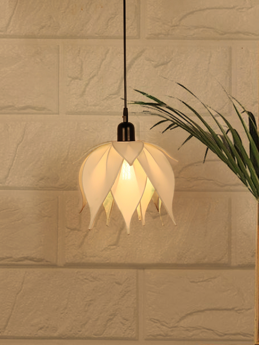 Off White Fabric and Iron 1-Light Lotus Pendant Light – 30.5 cm