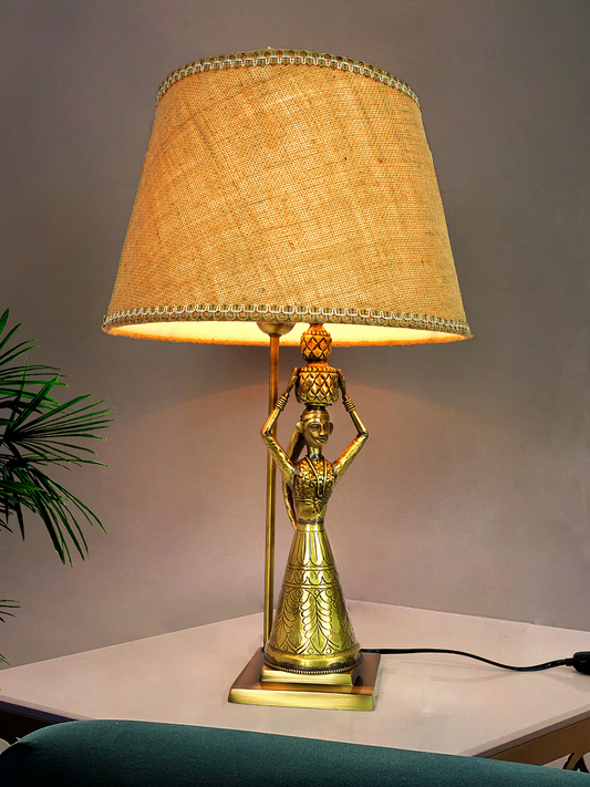 Exquisite Antique Rajasthani Brass Kalash Table Lamp with Tapered Jute Shade