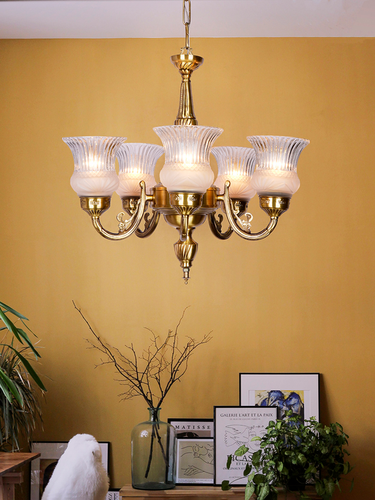 Usha 5 Light Antique Brass Chandelier with Frosted Glass Shades, Traditional Design