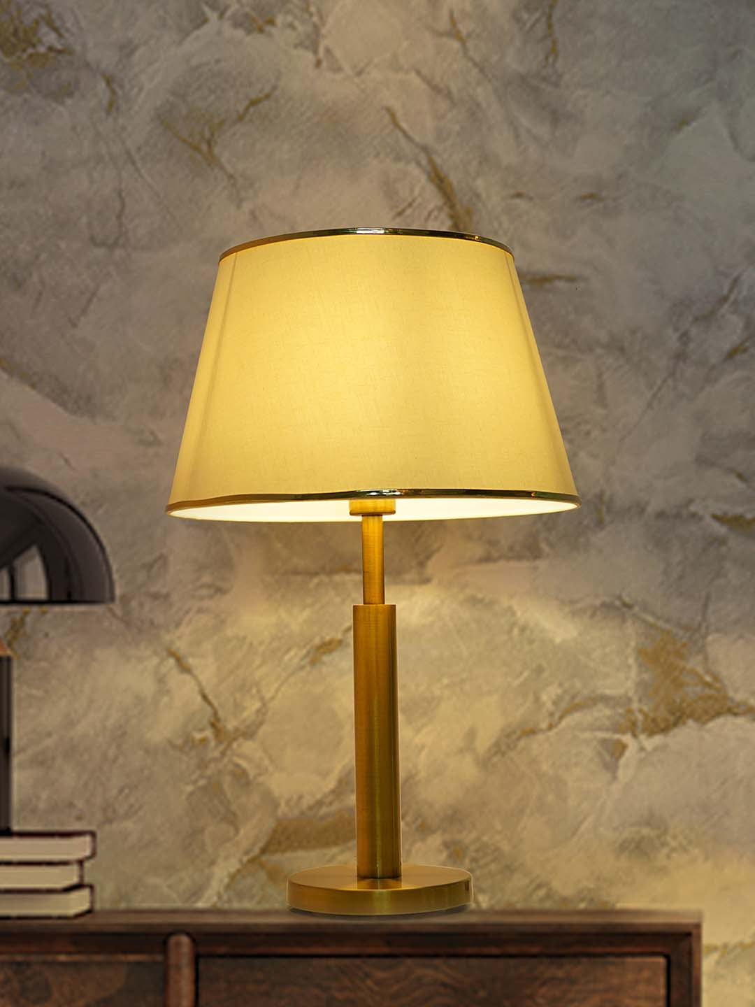 Transitional Brushed Brass Finished Metal Table Lamp with off-White Fabric Shade