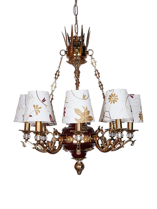 Luxury Maroon Gold 8-Light Chandelier, Kashmiri Embroidered Fabric Shades & Crystals