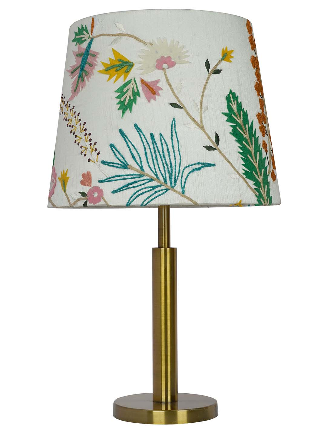 Transitional Brushed Brass Metal Table Lamp: Botanical Embroidered White Fabric Shade