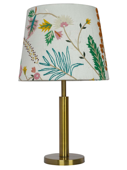 Transitional Brushed Brass Metal Table Lamp: Botanical Embroidered White Fabric Shade