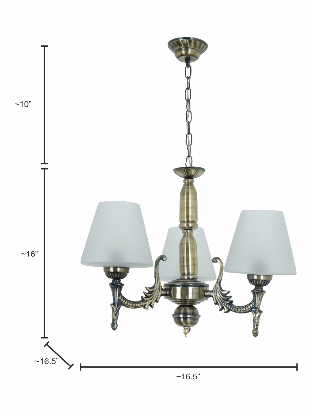 Antique Brass 3-Light Steel Chandelier with Frosted Tapered Glass Shades