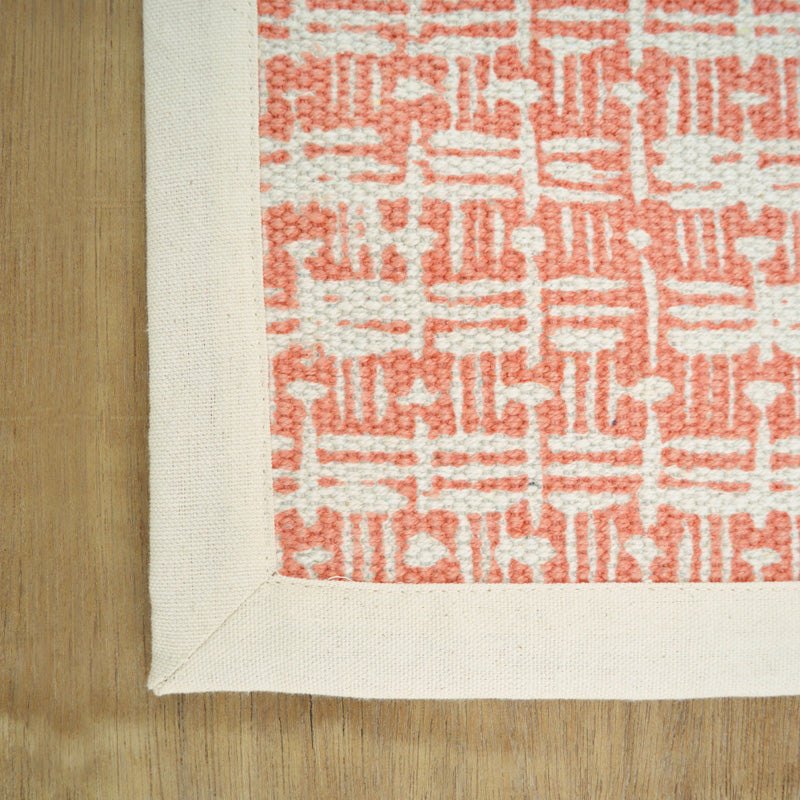 Coral & Off-White Cotton Flatweave Rug | Basket Weave Print | Dhurrie | 3 Sizes